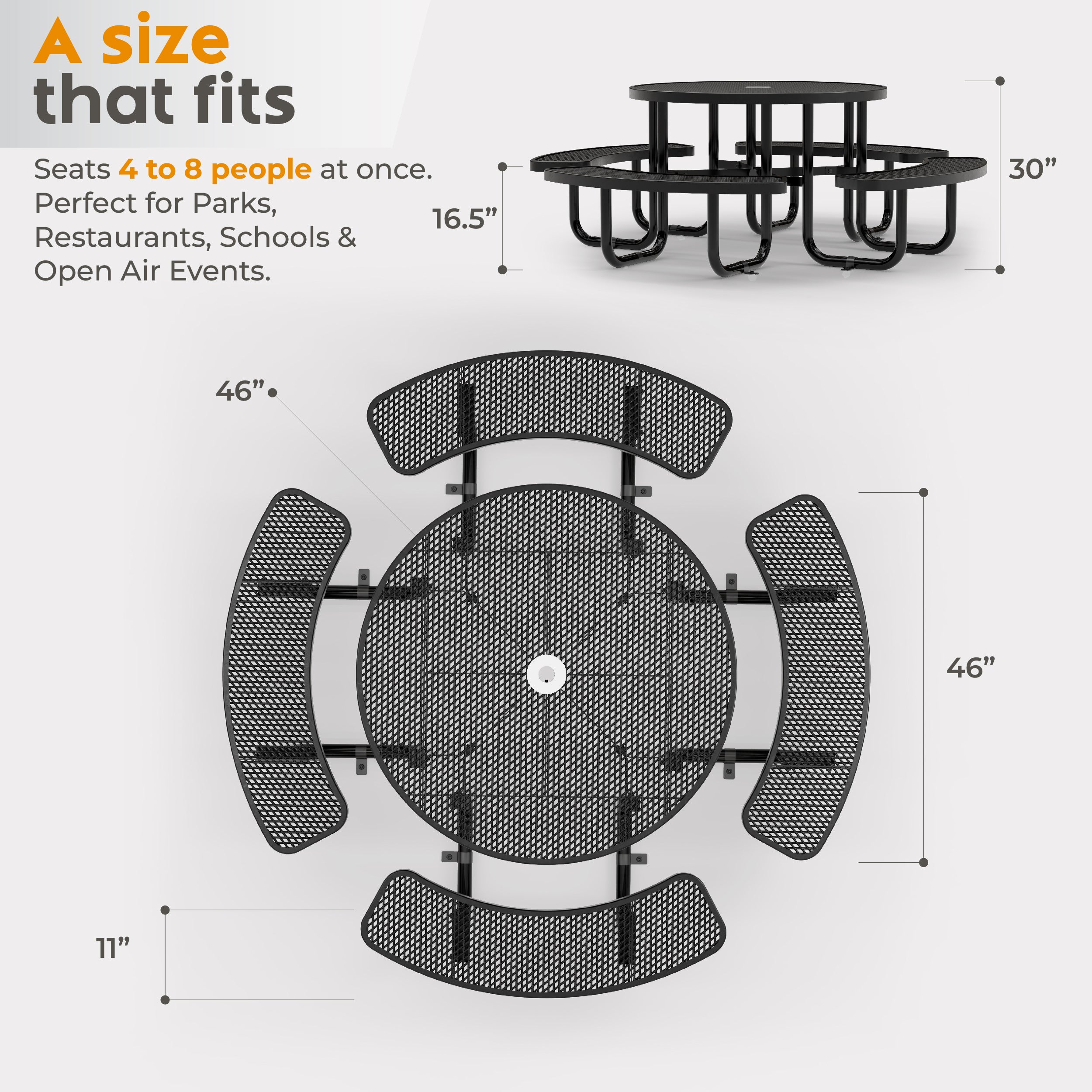Metal Picnic Table - Round Expanded Metal - 46 in - Black - ADA