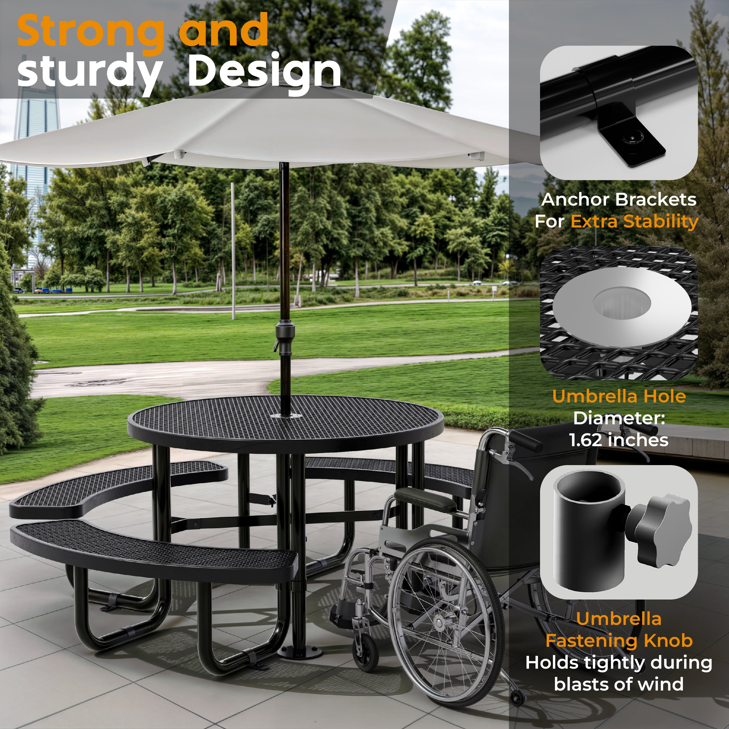 Metal Picnic Table - Round Expanded Metal - 46 in - Black - ADA
