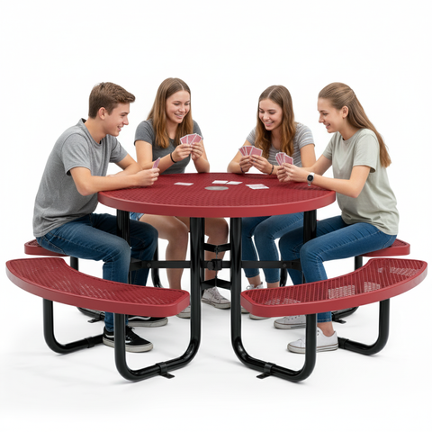 Metal Picnic Table - Round Expanded Metal - 46 in - Red