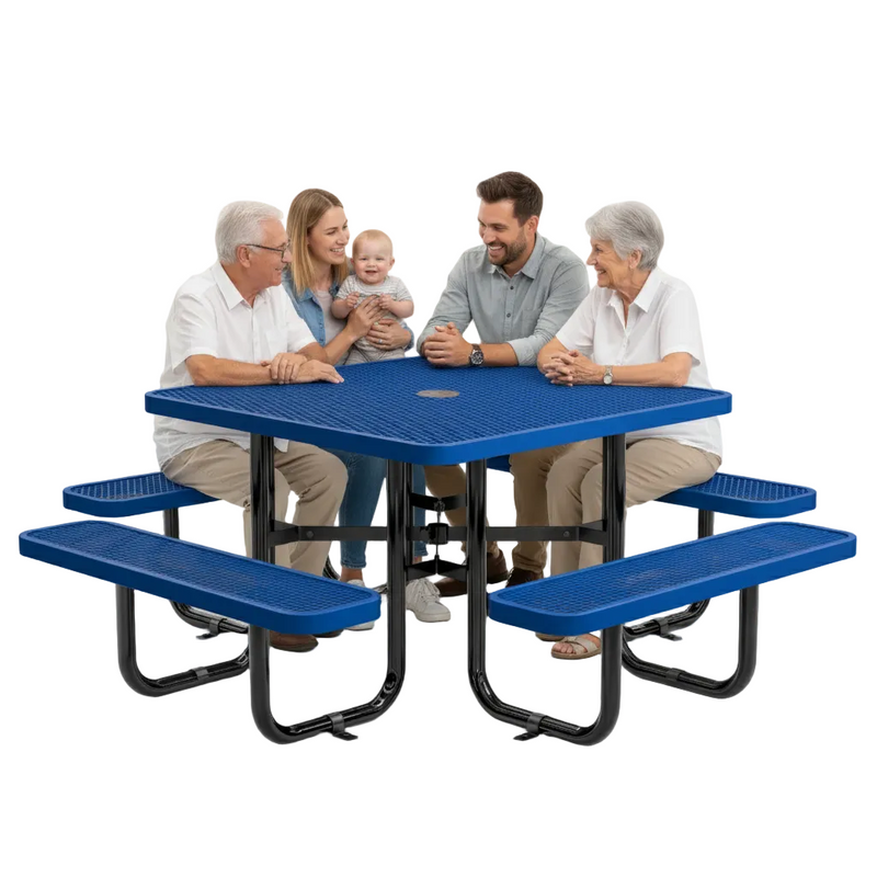 Family sitting around a blue picnic table on a white background