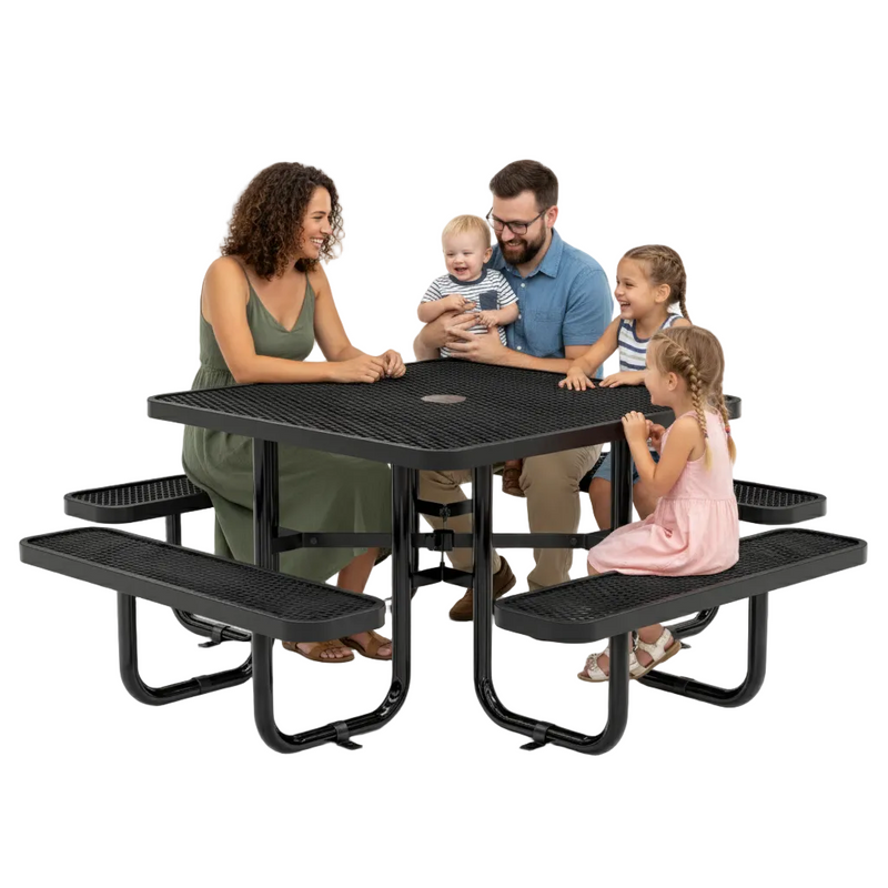 Family sitting around a black metal picnic table on a white background