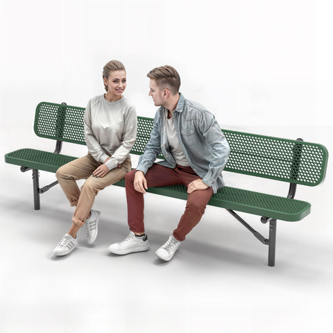 Heavy-Duty Outdoor Bench - Expanded Metal - 8ft - Inground - Green - With Backrest