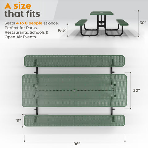 Metal Picnic Table - Rectangle Punched Metal - 8ft - Green