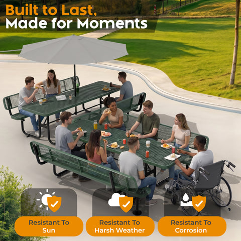 Metal Picnic Table - Rectangle Expanded Metal - 8ft - Green - ADA Compliant