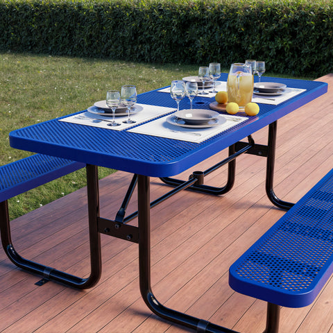 Metal Picnic Table - Rectangle Punched Metal - 6ft - Blue - ADA Compliant