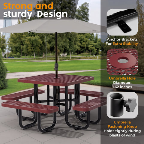 Metal Picnic Table - Square Expanded Metal - 38 in - Red