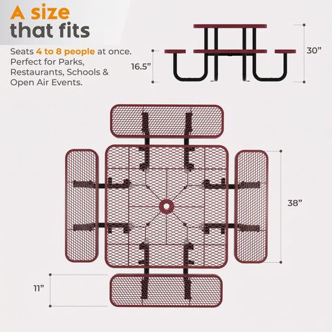 Metal Picnic Table - Square Expanded Metal - 38 in - Red