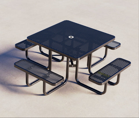 Blue metal picnic table with benches on a white background